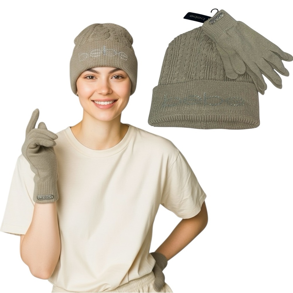 NWT Bebe Cable Knit Tan Hat & Gloves